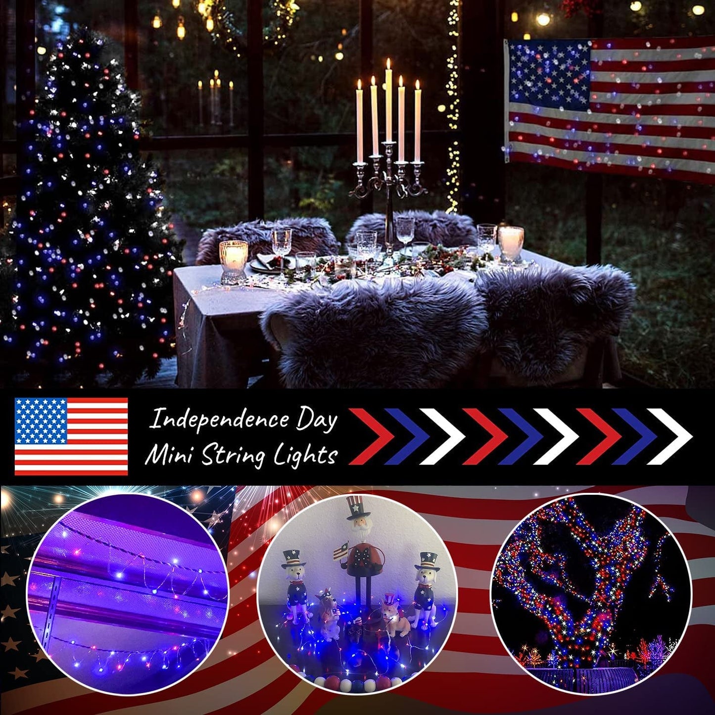 Rynx | July 4 patriotic home decorations outdoor lights - Red White Blue solar string lights, 2-pack each 100 LED 33 feet