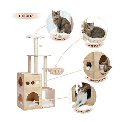 Rynx | Wooden Cat Tree with Sisal Scratching Posts, Cozy Condo & Hammock