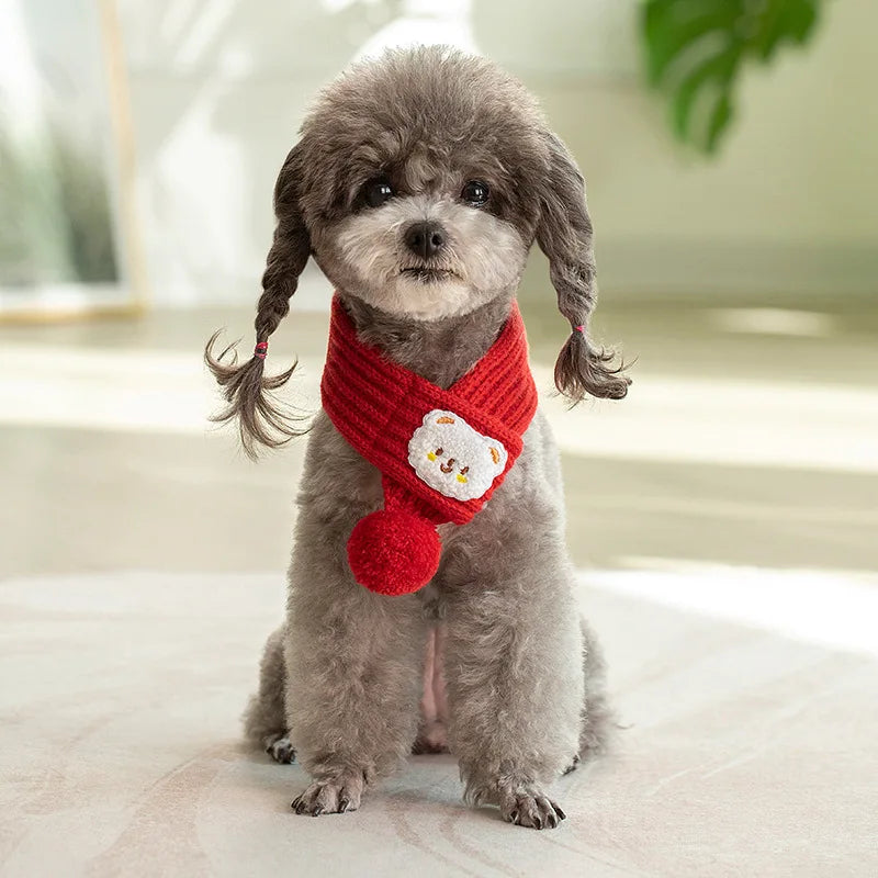 Rynx | Dog Knitted Scarf with Fuzzy Pompom - Winter Neck Warmer Bandana for Pets