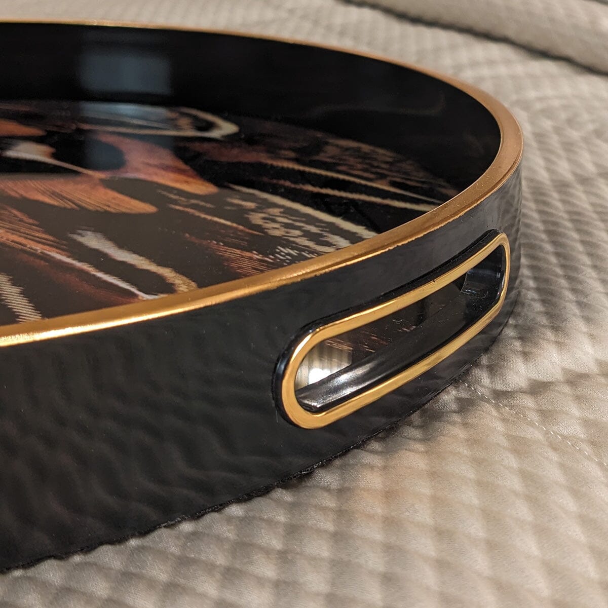Rynx | Doppio Black, Gold & Rust Feather Effect Round Decorative Plate