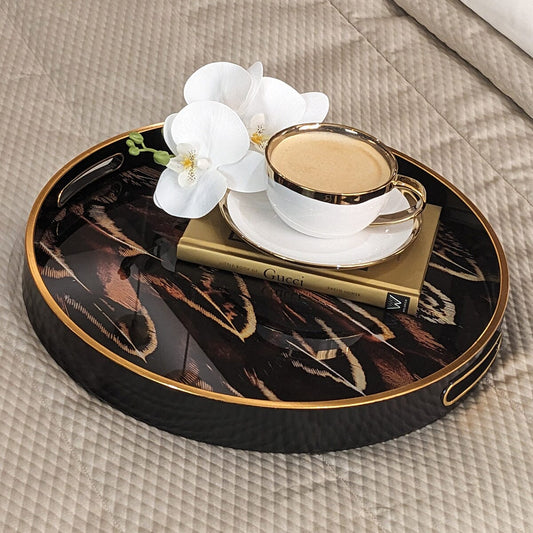 Rynx | Doppio Black, Gold & Rust Feather Effect Round Decorative Plate