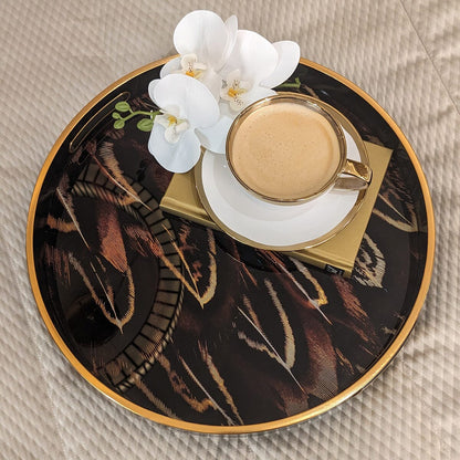 Rynx | Doppio Black, Gold & Rust Feather Effect Round Decorative Plate
