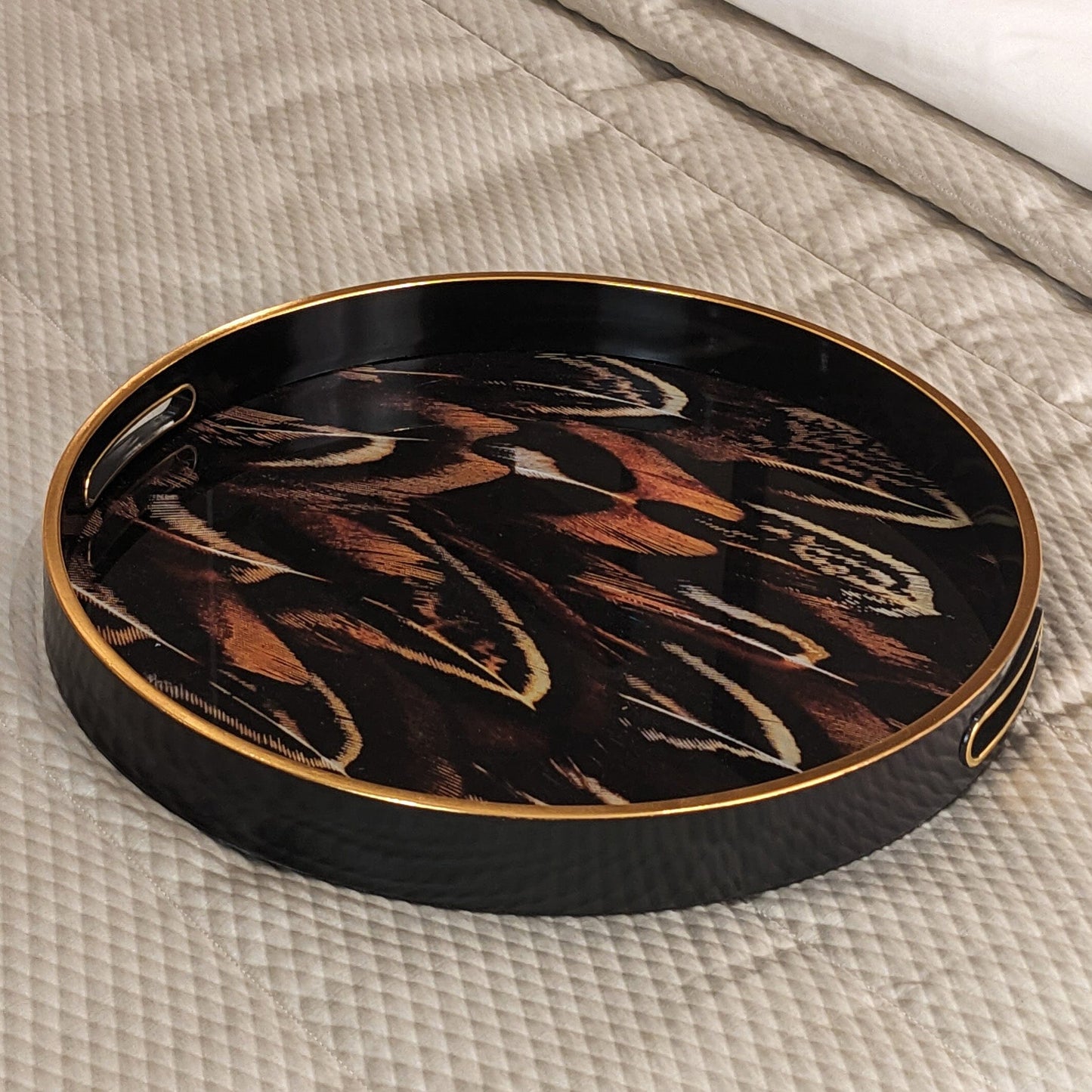 Rynx | Doppio Black, Gold & Rust Feather Effect Round Decorative Plate