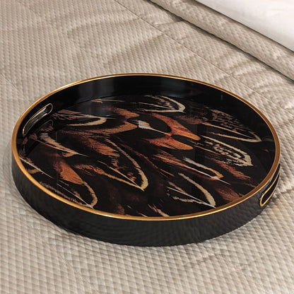 Rynx | Doppio Black, Gold & Rust Feather Effect Round Decorative Plate
