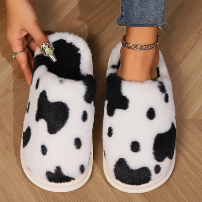 Rynx | Shady Cow Print Plush Slippers for Couples - Cozy Anti-Slip Soft Home Shoes for Winter