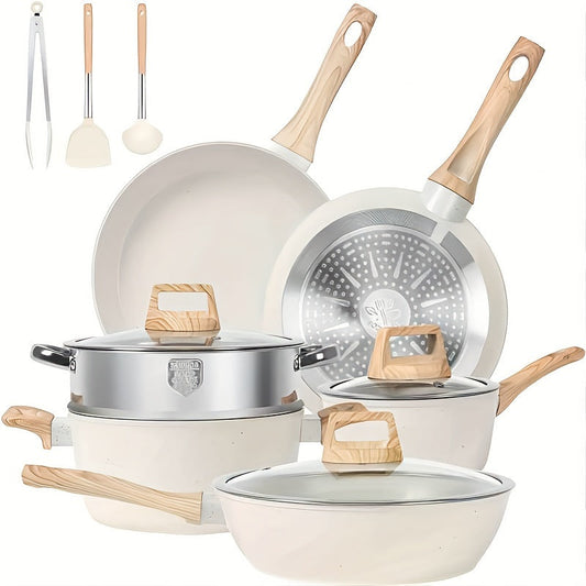 Rynx | 12-Piece Non-Stick Cookware Set – Induction-Ready Granite Pots & Pans, Includes Frying Pan, Steamer, Silicone Spatula, and Tongs, White