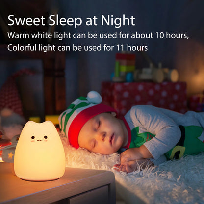 Rynx | Mini Kawaii Popular Cat Baby Night Light 7-Colors Pat Touch Color Changing Eye Protection Bedroom Nightstand Lamp Gift Kids