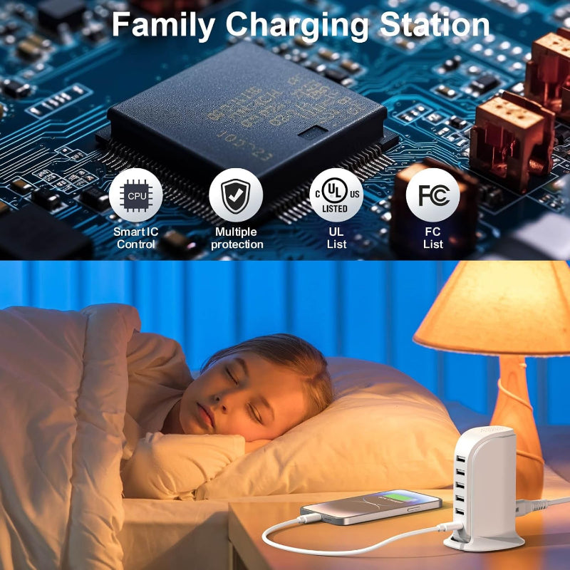 Rynx | Charging station for multiple devices, 5 USB + 1 Type-C fast charger for home and office