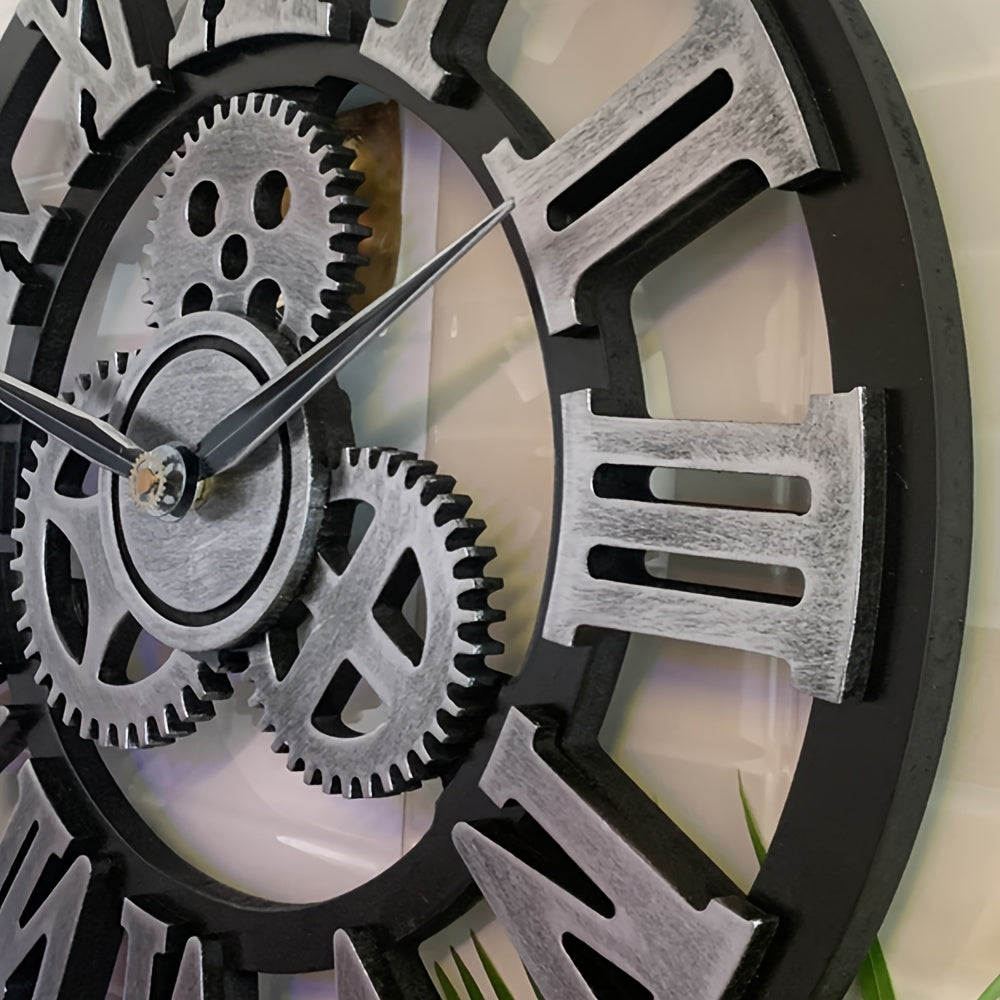Rynx | Oversized Silver Roman Gear Wall Clock - Silent Clock for Living Room, Office, and Kitchen Product Description