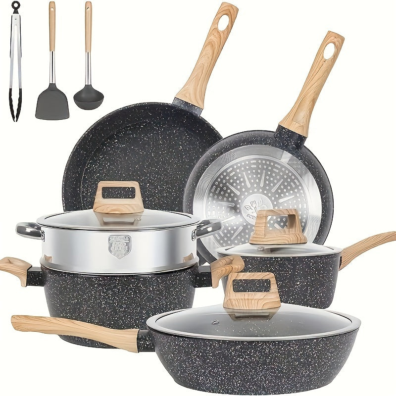 Rynx | 12-Piece Non-Stick Cookware Set – Induction-Ready Granite Pots & Pans, Includes Frying Pan, Steamer, Silicone Spatula, and Tongs, White