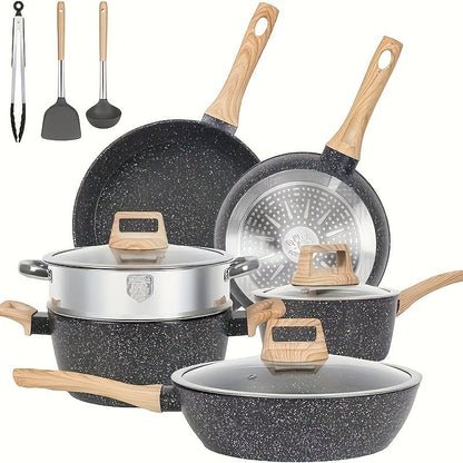 Rynx | 12-Piece Non-Stick Cookware Set – Induction-Ready Granite Pots & Pans, Includes Frying Pan, Steamer, Silicone Spatula, and Tongs, White