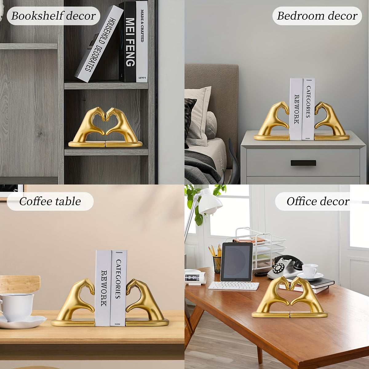 Rynx | Heavy Duty Bookends with Golden Finger Heart Design - Modern Art for Home Decoration