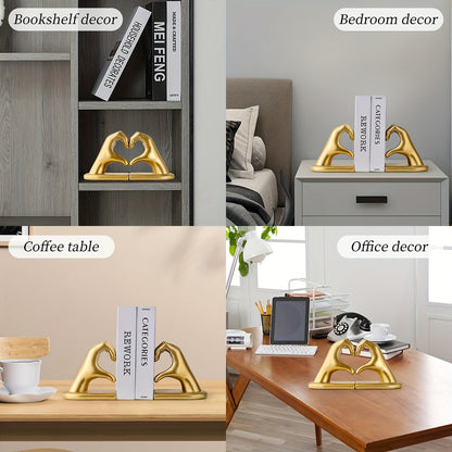 Rynx | Heavy Duty Bookends with Golden Finger Heart Design - Modern Art for Home Decoration