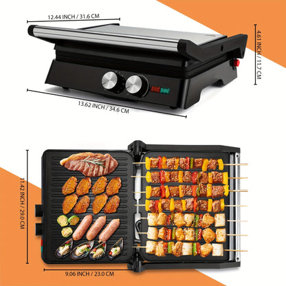 Rynx | 180-Degree 3-in-1 Electric Indoor Grill and Panini Press - Non-Stick Cooking Plates, Floating Hinge, Grease Tray