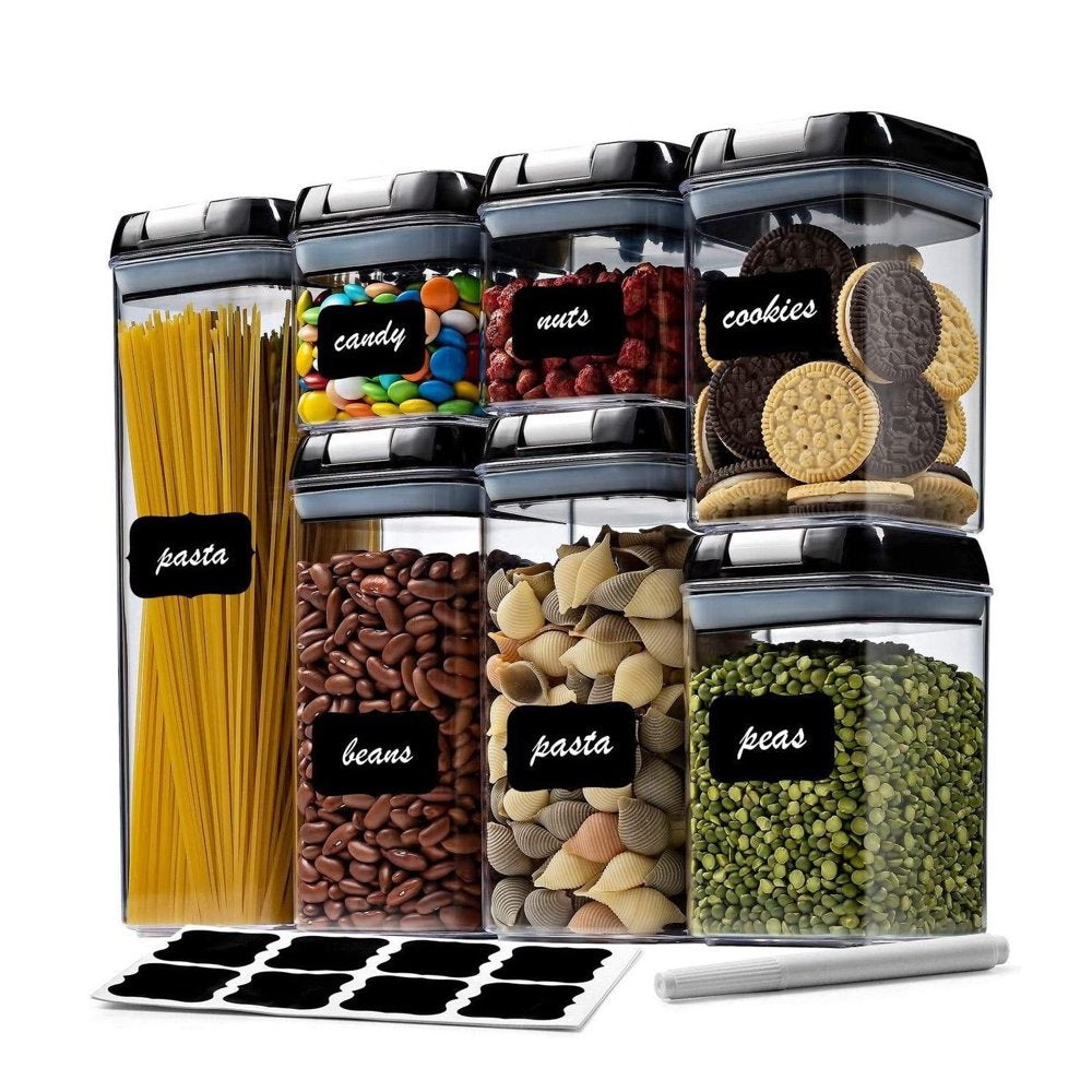 Rynx | 7 pieces airtight food storage containers set Kitchen organization Grain containers Storage with 8 labels and chalk marks BPA-free Clear plastic Kitchen and pantry organizing containers