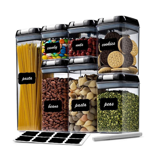 Rynx | 7 pieces airtight food storage containers set Kitchen organization Grain containers Storage with 8 labels and chalk marks BPA-free Clear plastic Kitchen and pantry organizing containers