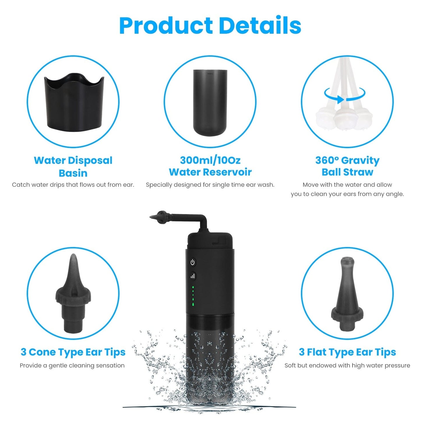 Rynx | Electric ear wax removal set with 3 modes 6 ear tips IPX7 waterproof USB rechargeable