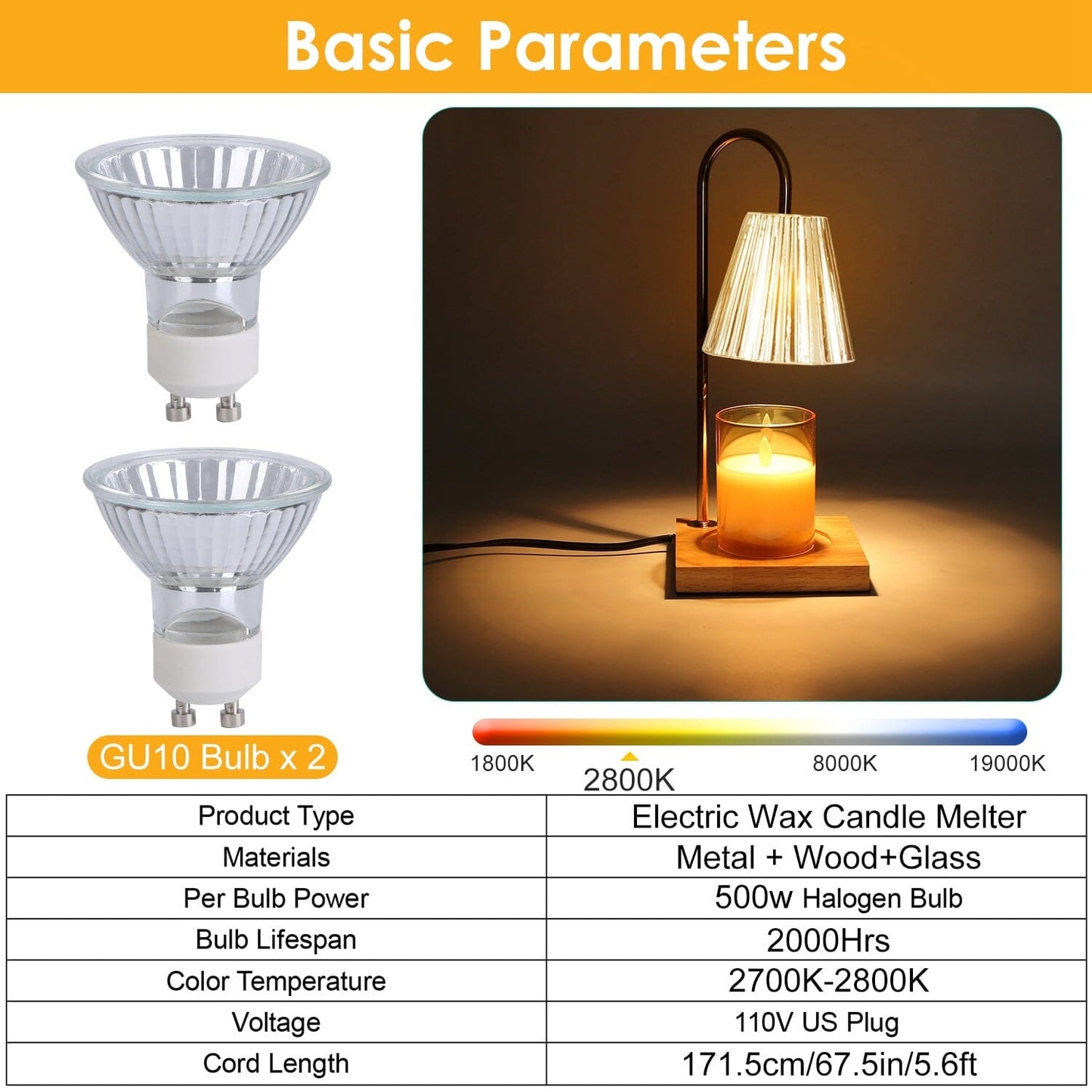 Rynx | Electric wax melter lamp dimmable with 2 GU10 bulbs 3-7in adjustable height 360º rotatable