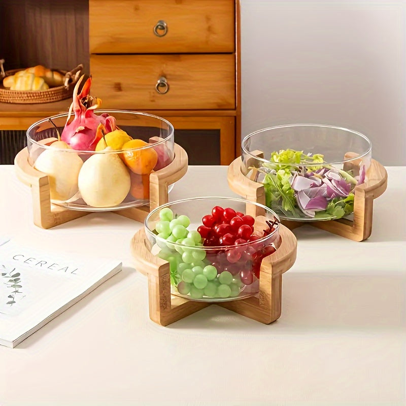 Rynx | Faridabio - Bamboo & Glass Fruit Bowl Set with Wooden Stand