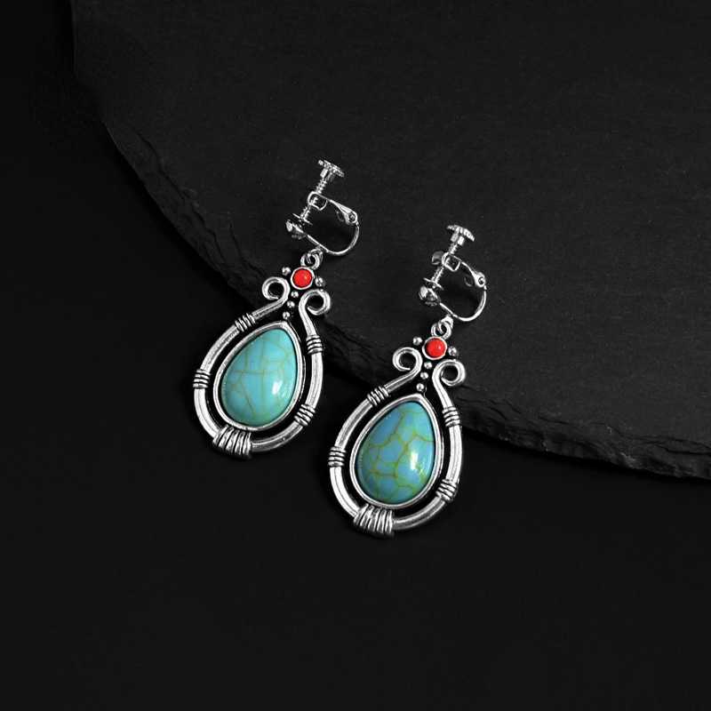 Rynx | Tibetan Silver Art Retro Ethnic Style Turquoise Waterdrop Carved Earrings
