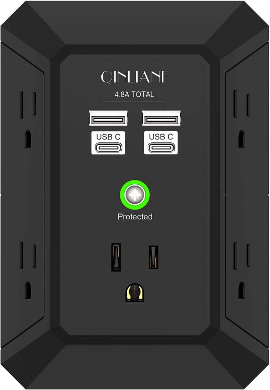 Rynx | Wall Charger Surge Protector, 5-outlet extension with 4 USB ports (4.8A), 1680J power outlet
