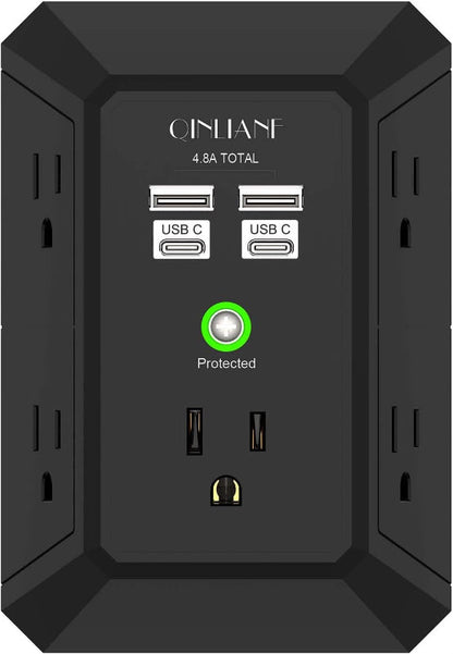 Rynx | Wall Charger Surge Protector, 5-outlet extension with 4 USB ports (4.8A), 1680J power outlet