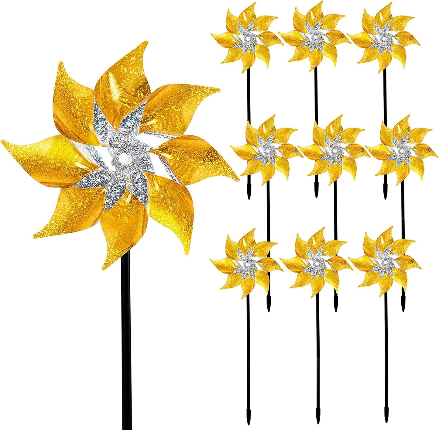 Rynx | 10 Pack Reflective Windmills Patriotic Decorations, American Flag on Stick Wind Spinner with Support for Independence Day, Memorial Day July 4th Party Supplies, Scare Birds Repellent Devices