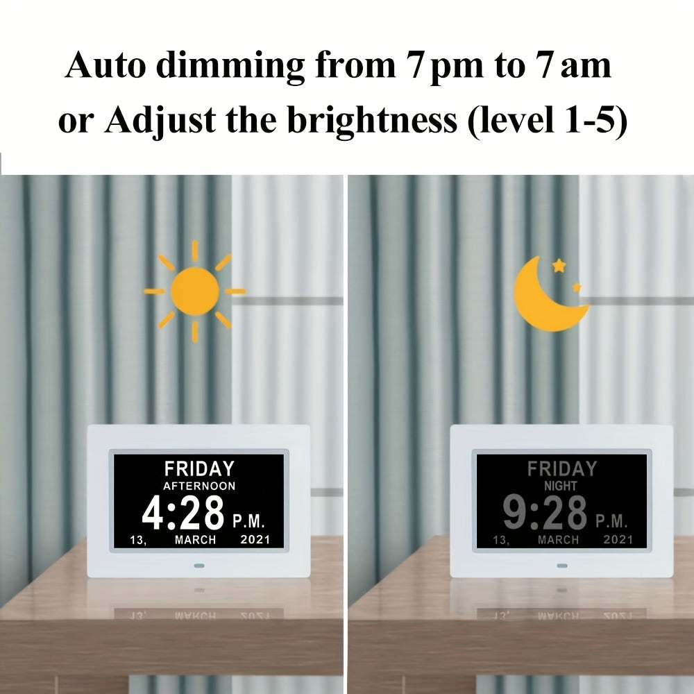 Rynx | 7-Inch Digital Clock for Seniors - Day & Date Display, Customizable Alarms, Medicine Reminders, 3 Modes, Large Font, Ideal for Elderly and Dementia Patients, Black