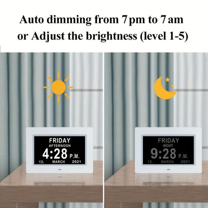 Rynx | 7-Inch Digital Clock for Seniors - Day & Date Display, Customizable Alarms, Medicine Reminders, 3 Modes, Large Font, Ideal for Elderly and Dementia Patients, Black