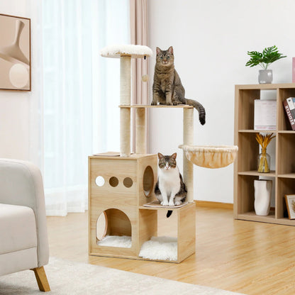 Rynx | Wooden Cat Tree with Sisal Scratching Posts, Cozy Condo & Hammock