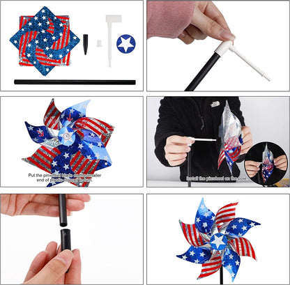 Rynx | 10 Pack Reflective Windmills Patriotic Decorations, American Flag on Stick Wind Spinner with Support for Independence Day, Memorial Day July 4th Party Supplies, Scare Birds Repellent Devices