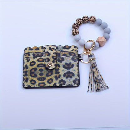 Rynx | Vibrant Leopard Print PU Tassel Wallet Keychain – Silicone Beaded Accessory with Detachable Camping Bag Clip, Stylish and Compact Travel Companion
