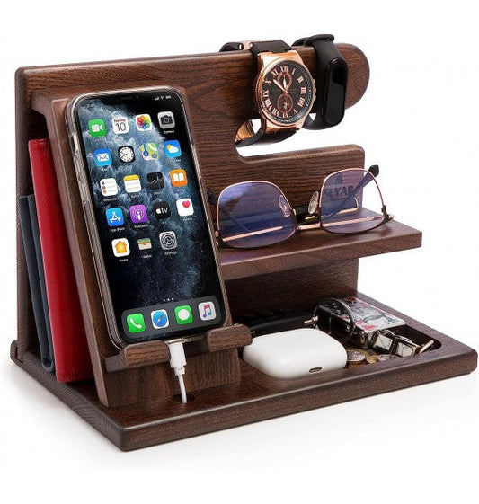 Rynx | TESLYAR Wood Mobile Docking Station Ash Key Holder Wallet Stand