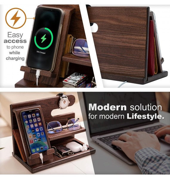 Rynx | TESLYAR Wood Mobile Docking Station Ash Key Holder Wallet Stand