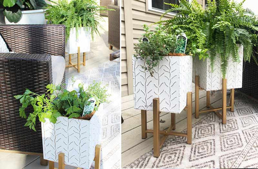Rynx | Embossed tin flower pots with stands set of 2