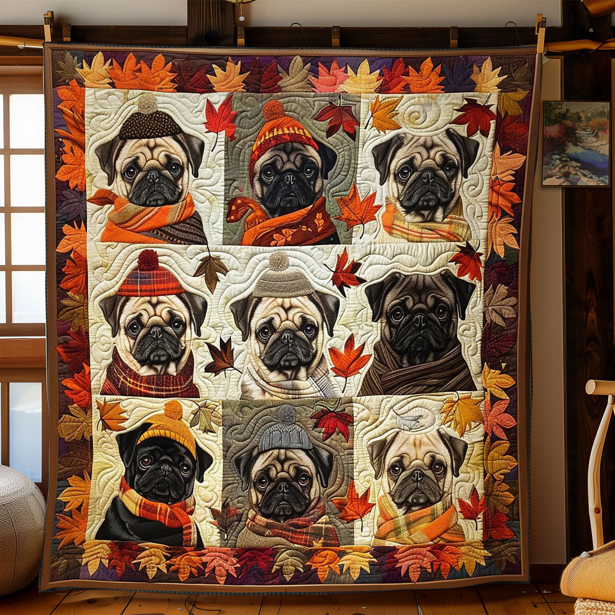 Rynx | Pug Dogs and Autumn Leaves Quilt