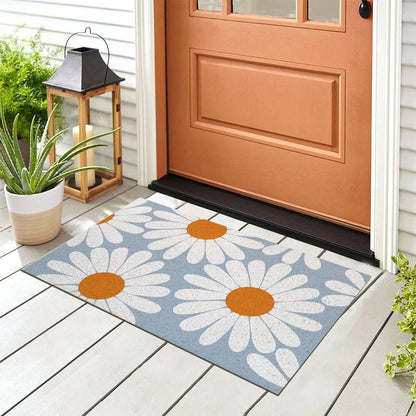 Rynx | White Daisy Entrance Doormat, Country House Style Flower Terrace Welcome Mat, Non-Slip PVC Coil Outdoor Mats, Front Mat for Home, Washable Entrance Mat