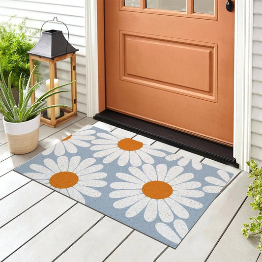 Rynx | White Daisy Entrance Doormat, Country House Style Flower Terrace Welcome Mat, Non-Slip PVC Coil Outdoor Mats, Front Mat for Home, Washable Entrance Mat
