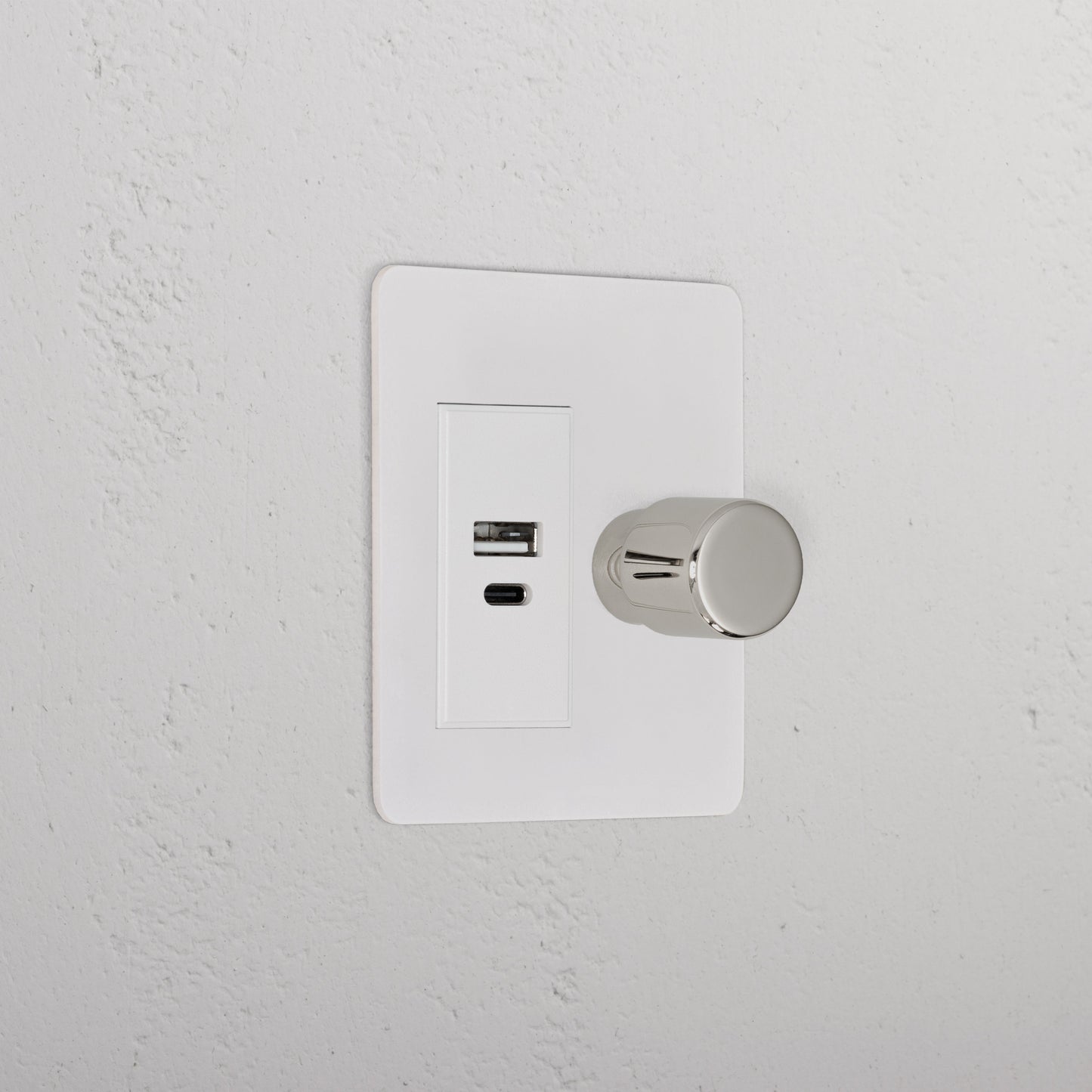 Rynx | 1G Two Way Dimmer + USB A+C Slimline Switch - Malbar Polished Nickel White