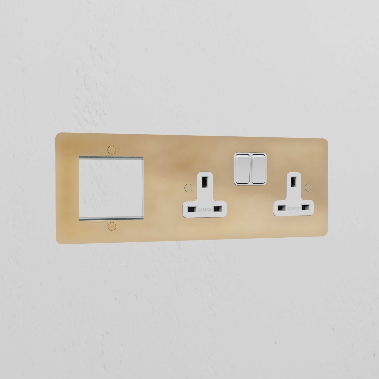 Rynx | 1G 50mm Module & Double Socket UK Plate - Antique Brass White