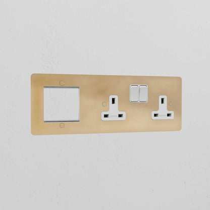 Rynx | 1G 50mm Module & Double Socket UK Plate - Antique Brass White