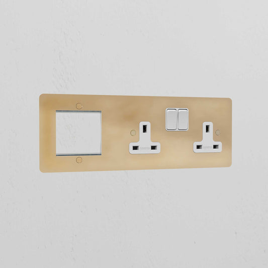 Rynx | 1G 50mm Module & Double Socket UK Plate - Antique Brass White