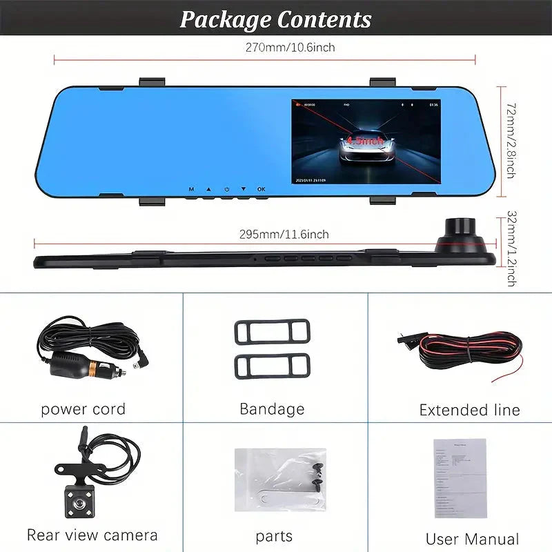 Rynx | Mirror Dash Cam 4.5 Inches Rearview 1080P Front and Rearview Dual Cameras