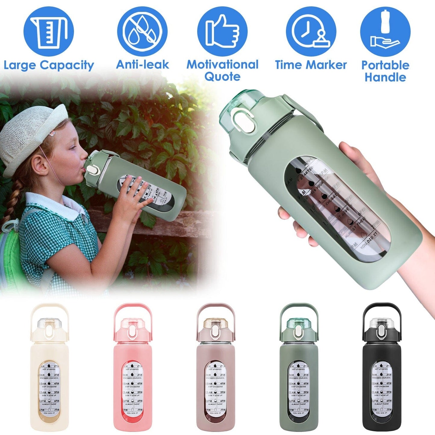 Rynx | Motivational Water Bottle Intake Tracker with Straw Time Marker Silicone Handle