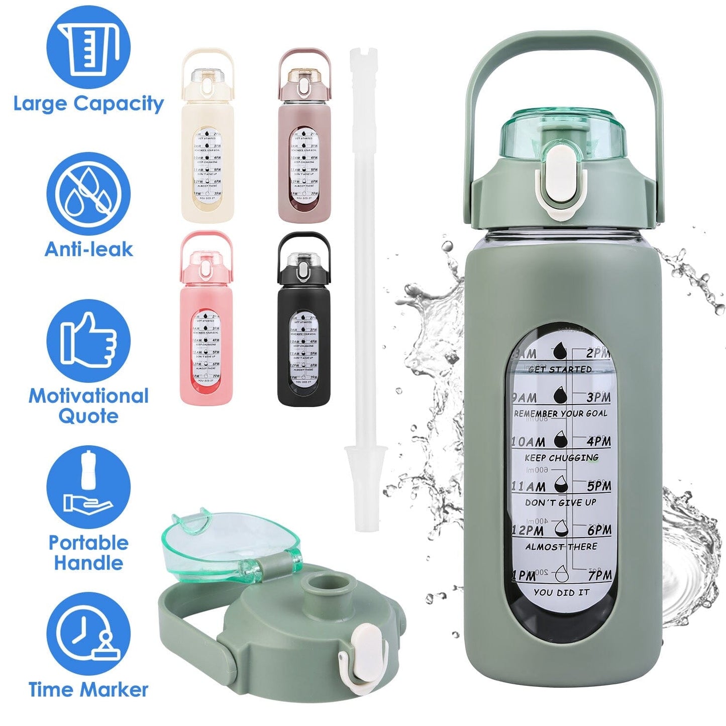 Rynx | Motivational Water Bottle Intake Tracker with Straw Time Marker Silicone Handle
