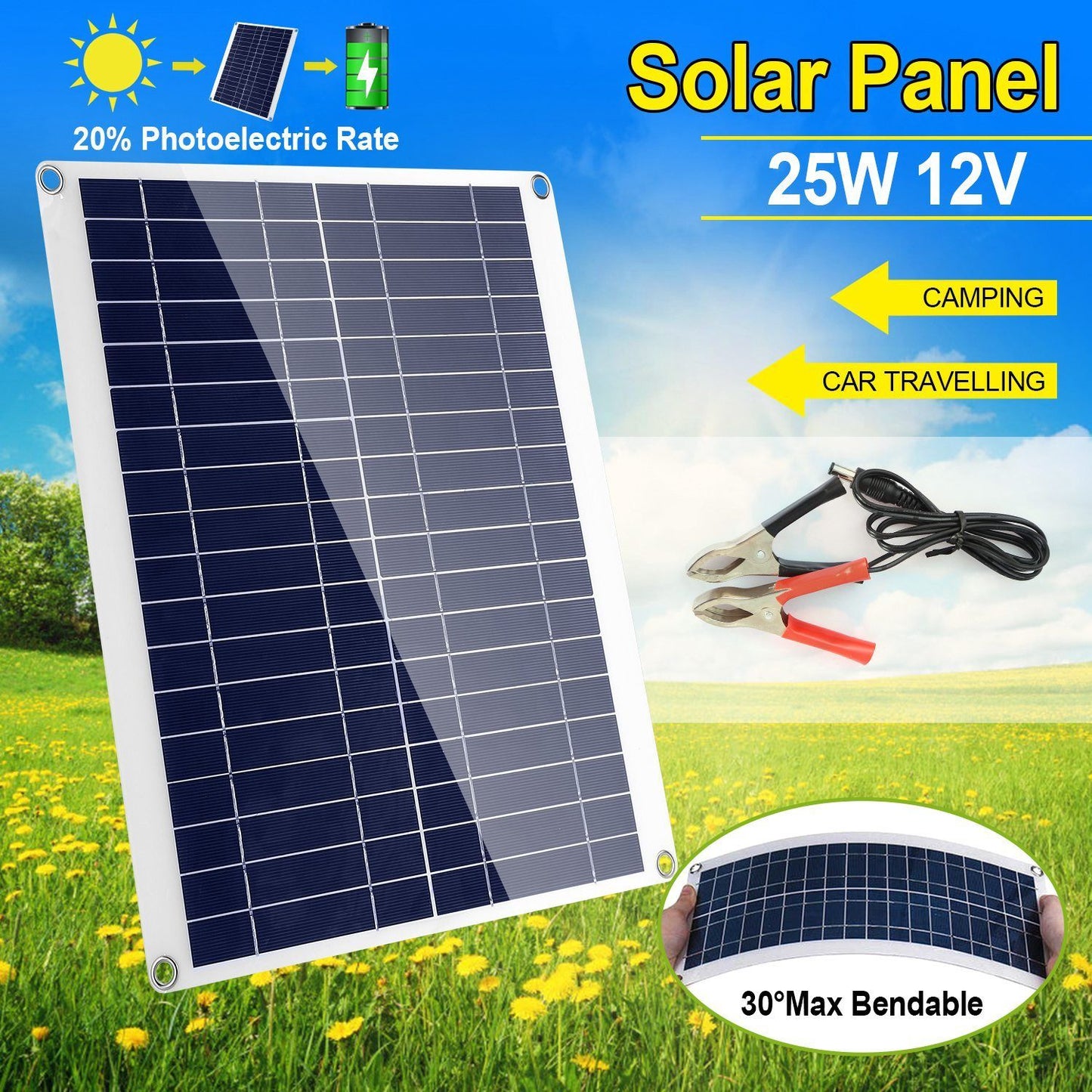 Rynx | Outdoor solar panel 12V 25W car battery charger