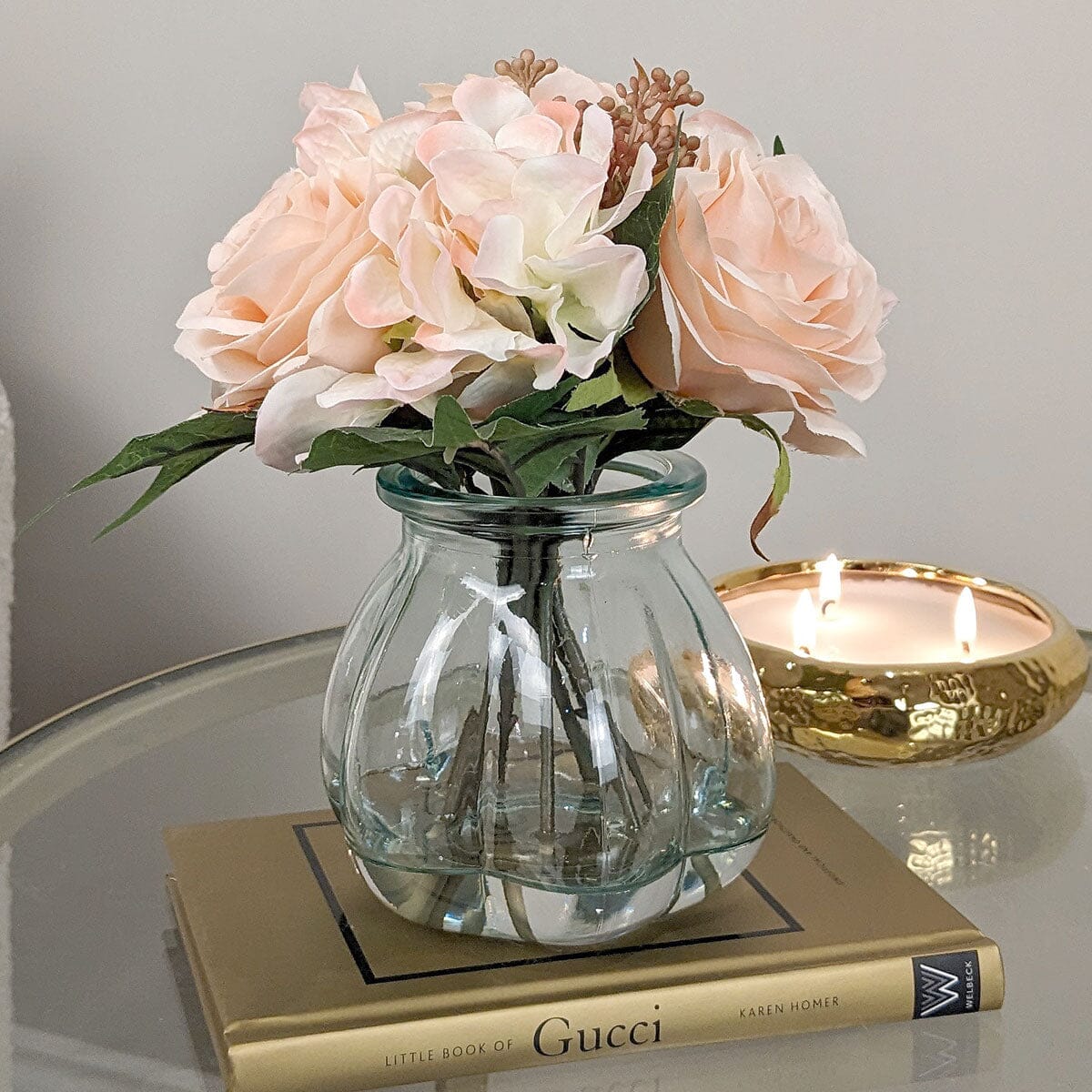 Rynx | Peach Faux Rose & Hydrangea Flowers in Vase