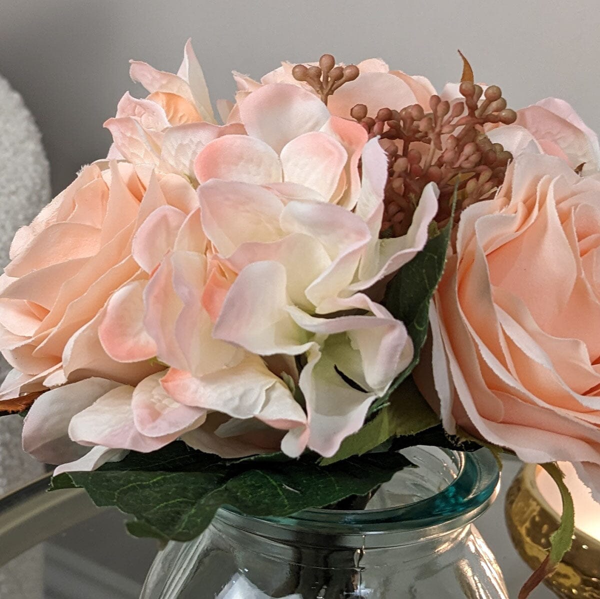 Rynx | Peach Faux Rose & Hydrangea Flowers in Vase