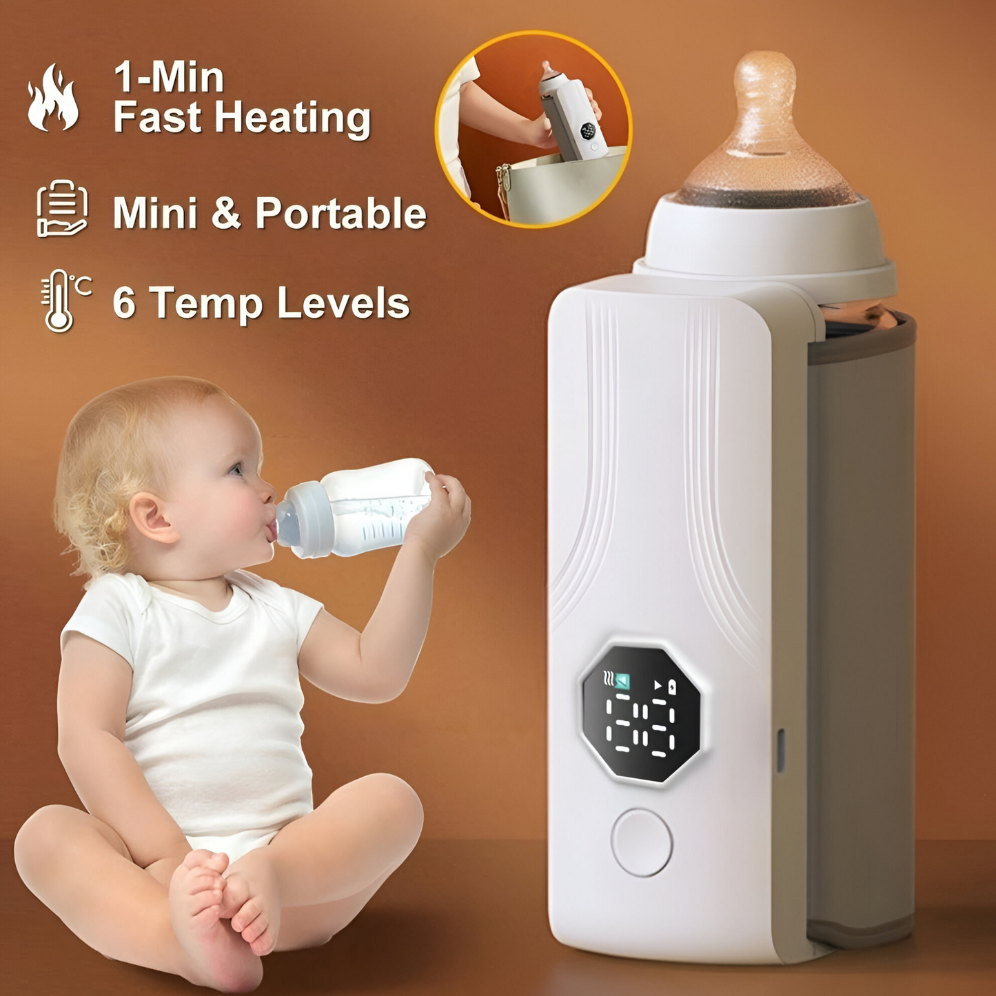 Rynx | Portable rechargeable baby bottle warmer – Quick heating, USB-powered, 6 temperature settings
