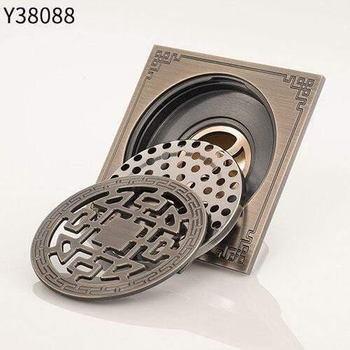 Rynx | Antique brass carved 10cm*10cm floor drain square bath drains filter bathroom balcony kitchen drainage accessories Y38088 (Y38088)